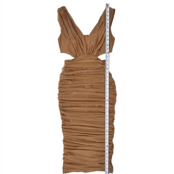 Akira Brown Ruched Mesh Midi Dress S Sleeveless Bodycon Formal Party - Picture 12 of 13